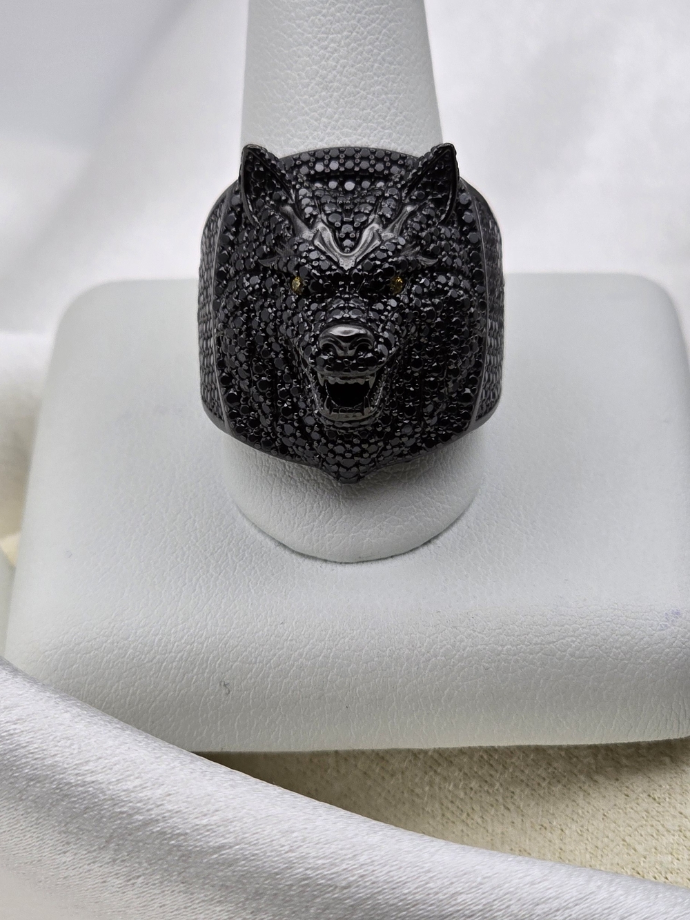 Neve Jewelry Sterling Silver 925 Moissanite Pave Black Wolf Head Luxury Ring